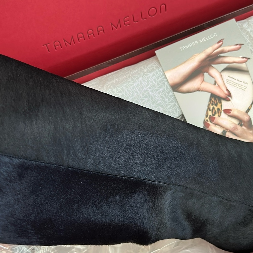 Tamara Mellon Sleek Kindred High HairCalf Navy Kitten Heeled Boots 5 (35) NIB - Picture 11 of 15